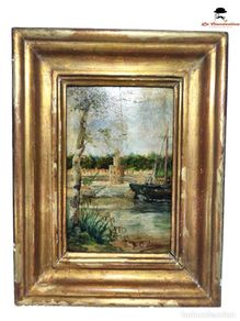 Arte: Antiguo oleo sobre tabla. Torre del oro de Sevilla. Barco mercante. Firmado. Siglo XIX.